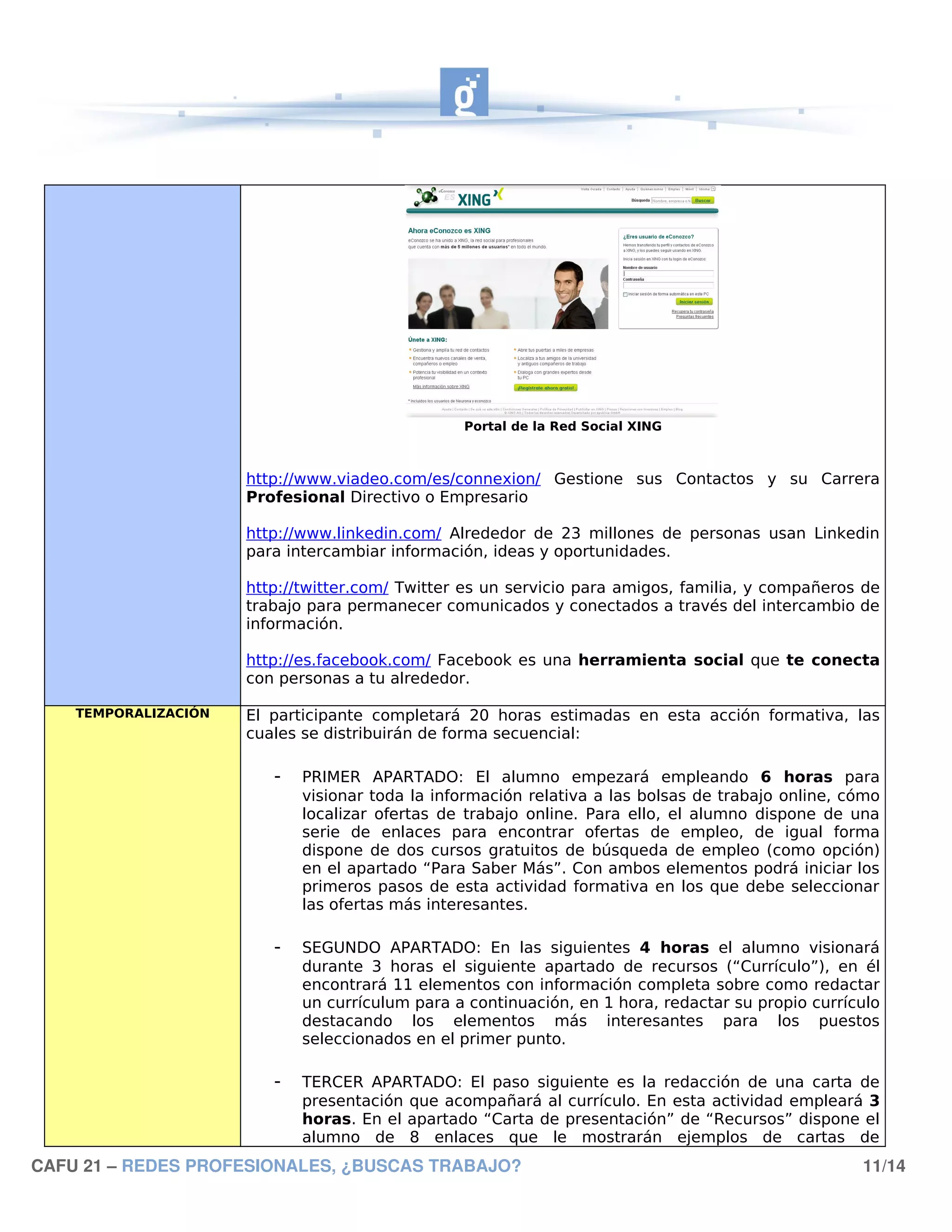 Portal de la Red Social XING



                      http://www.viadeo.com/es/connexion/ Gestione sus Contactos y su Carrera
                      Profesional Directivo o Empresario

                      http://www.linkedin.com/ Alrededor de 23 millones de personas usan Linkedin
                      para intercambiar información, ideas y oportunidades.

                      http://twitter.com/ Twitter es un servicio para amigos, familia, y compañeros de
                      trabajo para permanecer comunicados y conectados a través del intercambio de
                      información.

                      http://es.facebook.com/ Facebook es una herramienta social que te conecta
                      con personas a tu alrededor.

    TEMPORALIZACIÓN   El participante completará 20 horas estimadas en esta acción formativa, las
                      cuales se distribuirán de forma secuencial:

                         -   PRIMER APARTADO: El alumno empezará empleando 6 horas para
                             visionar toda la información relativa a las bolsas de trabajo online, cómo
                             localizar ofertas de trabajo online. Para ello, el alumno dispone de una
                             serie de enlaces para encontrar ofertas de empleo, de igual forma
                             dispone de dos cursos gratuitos de búsqueda de empleo (como opción)
                             en el apartado “Para Saber Más”. Con ambos elementos podrá iniciar los
                             primeros pasos de esta actividad formativa en los que debe seleccionar
                             las ofertas más interesantes.

                         -   SEGUNDO APARTADO: En las siguientes 4 horas el alumno visionará
                             durante 3 horas el siguiente apartado de recursos (“Currículo”), en él
                             encontrará 11 elementos con información completa sobre como redactar
                             un currículum para a continuación, en 1 hora, redactar su propio currículo
                             destacando los elementos más interesantes para los puestos
                             seleccionados en el primer punto.

                         -   TERCER APARTADO: El paso siguiente es la redacción de una carta de
                             presentación que acompañará al currículo. En esta actividad empleará 3
                             horas. En el apartado “Carta de presentación” de “Recursos” dispone el
                             alumno de 8 enlaces que le mostrarán ejemplos de cartas de
CAFU 21 – REDES PROFESIONALES, ¿BUSCAS TRABAJO?                                                     11/14
 