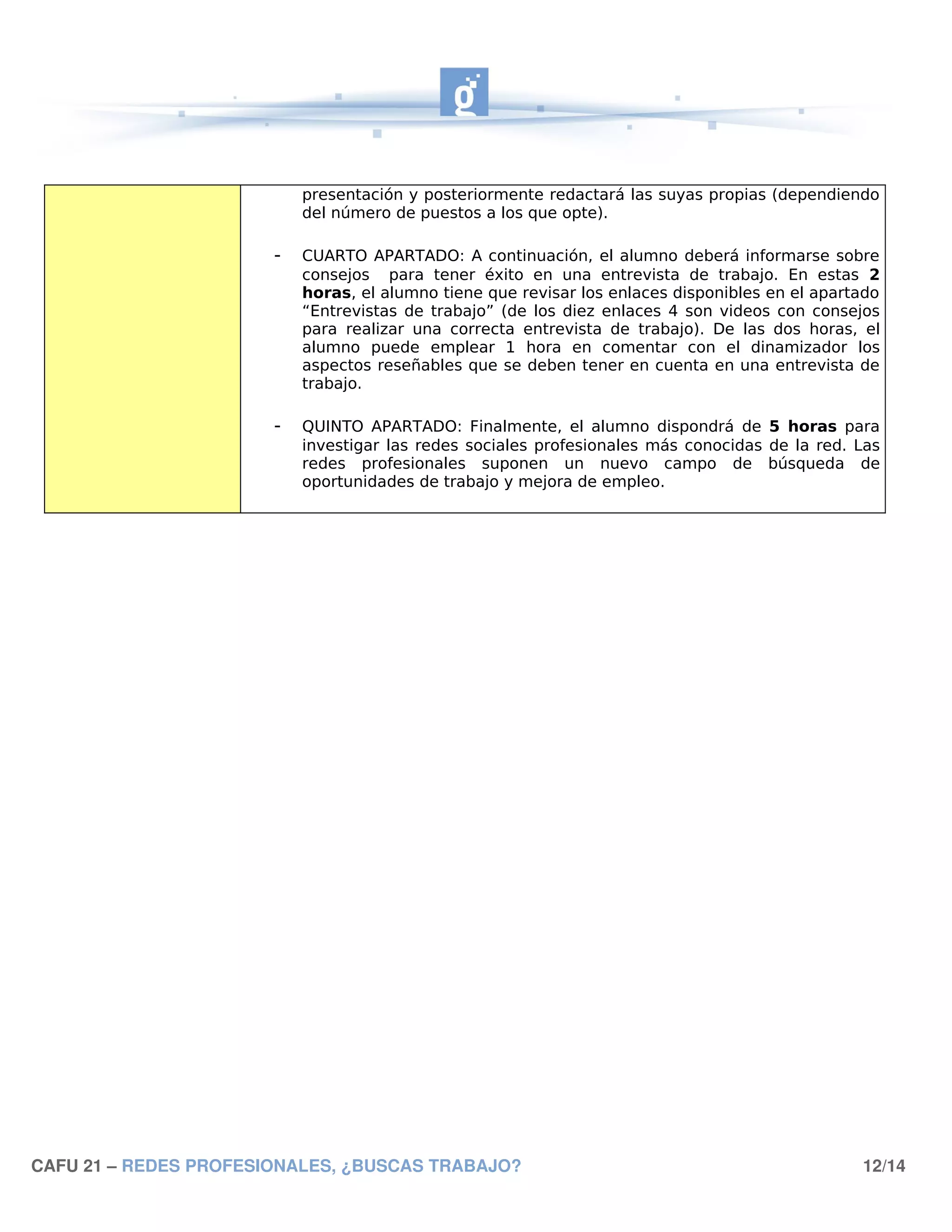 presentación y posteriormente redactará las suyas propias (dependiendo
                           del número de puestos a los que opte).

                       -   CUARTO APARTADO: A continuación, el alumno deberá informarse sobre
                           consejos para tener éxito en una entrevista de trabajo. En estas 2
                           horas, el alumno tiene que revisar los enlaces disponibles en el apartado
                           “Entrevistas de trabajo” (de los diez enlaces 4 son videos con consejos
                           para realizar una correcta entrevista de trabajo). De las dos horas, el
                           alumno puede emplear 1 hora en comentar con el dinamizador los
                           aspectos reseñables que se deben tener en cuenta en una entrevista de
                           trabajo.

                       -   QUINTO APARTADO: Finalmente, el alumno dispondrá de 5 horas para
                           investigar las redes sociales profesionales más conocidas de la red. Las
                           redes profesionales suponen un nuevo campo de búsqueda de
                           oportunidades de trabajo y mejora de empleo.




CAFU 21 – REDES PROFESIONALES, ¿BUSCAS TRABAJO?                                                  12/14
 