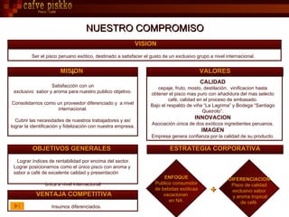 NUESTRO COMPROMISO + Pisco - Café CALIDAD cepaje, fruto, mosto, destilación,  vinificacion hasta obtener el pisco mas puro con añadidura del mas selecto café, calidad en el proceso de embasado. Bajo el respaldo de viña “La Lagrima” y Bodega “Santiago Queirolo”. INNOVACION Asociación única de dos exóticos ingredientes peruanos. IMAGEN Empresa genera confianza por la calidad de su producto. Satisfacción con un exclusivo  sabor y aroma para nuestro publico objetivo. Consolidarnos como un proveedor diferenciado y  a nivel internacional. Cubrir las necesidades de nuestros trabajadores y así lograr la identificación y fidelización con nuestra empresa. Ser el pisco peruano exótico, destinado a satisfacer el gusto de un exclusivo grupo a nivel internacional. VISION MISION VALORES Lograr índices de rentabilidad por encima del sector.  Lograr posicionarnos como el único pisco con aroma y  sabor a café de excelente calidad y presentación  única a nivel internacional.  OBJETIVOS GENERALES VENTAJA COMPETITIVA Insumos diferenciados. ESTRATEGIA CORPORATIVA ENFOQUE Publico consumidor de bebidas exóticas vacacionan  en NA. + . DIFERENCIACION Pisco de calidad exclusivo sabor y aroma tropical de café. cafve piskko + 