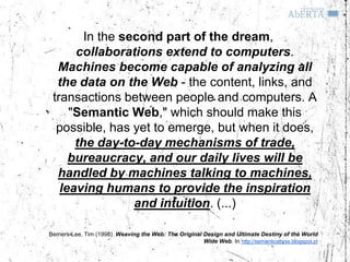 In the second part of the dream,
      collaborations extend to computers.
  Machines become capable of analyzing all
  the data on the Web - the content, links, and
 transactions between people and computers. A
     "Semantic Web," which should make this
  possible, has yet to emerge, but when it does,
      the day-to-day mechanisms of trade,
     bureaucracy, and our daily lives will be
  handled by machines talking to machines,
   leaving humans to provide the inspiration
                 and intuition. (...)

Berners-Lee, Tim (1998) Weaving the Web: The Original Design and Ultimate Destiny of the World
                                                      Wide Web. In http://semanticabyss.blogspot.pt
 