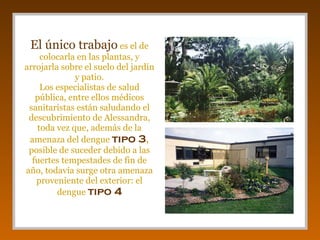 El único trabajo  es el de colocarla en las plantas, y arrojarla sobre el suelo del jardín y patio. Los especialistas de salud pública, entre ellos médicos sanitaristas están saludando el descubrimiento de Alessandra, toda vez que, además de la amenaza del dengue  tipo 3 ,  posible de suceder debido a las fuertes tempestades de fin de año, todavía surge otra amenaza proveniente del exterior: el dengue  tipo 4 