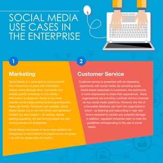 Social Media
use cases in
the Enterprise
Marketing
Social Media is a value-add to online content.
The interactions of users with information
shared online (through likes, comments and
shares) greatly contribute to how certain
information is perceived. Some of the most
popular social media platforms among enterprises
today are Twitter, Facebook and LinkedIn. Social
Media allows you to not only share user-generated
content but also create it – an activity, rapidly
gaining popularity, not just among people but also
among brands and enterprises.
Social Media has proven to be an ideal platform for
enterprises to reach billions of people across the globe
– all with the single click of a button.
Customer Service
Customer service is presented with an interesting
opportunity with social media. By providing social
media based responses to customers, the community
is more empowered to share their experiences. Many
organizations are providing customer service channels
on key social media platforms. However, the risk of
unfavorable feedback can harm the organization’s
brand - so listening and responding in near real-
time is essential to contain any potential damage.
In addition, regulated industries need to meet the
guidelines corresponding to the use of social
media.
1 2
 