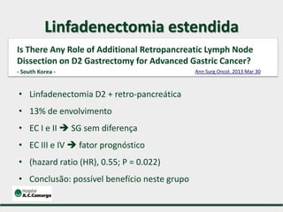 Linfadenectomia estendida
Is There Any Role of Additional Retropancreatic Lymph Node
Dissection on D2 Gastrectomy for Advanced Gastric Cancer?
- South Korea -
• Linfadenectomia D2 + retro-pancreática
• 13% de envolvimento
• EC I e II  SG sem diferença
• EC III e IV  fator prognóstico
• (hazard ratio (HR), 0.55; P = 0.022)
• Conclusão: possível benefício neste grupo
Ann Surg Oncol. 2013 Mar 30
 