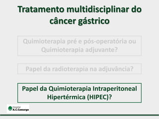 Tratamento multidisciplinar do
câncer gástrico
Papel da radioterapia na adjuvância?
Quimioterapia pré e pós-operatória ou
Quimioterapia adjuvante?
Papel da Quimioterapia Intraperitoneal
Hipertérmica (HIPEC)?
 