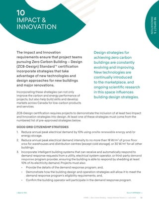 62
CAGBC | Zero Carbon Building – Design Standard Version 4 | June 2024
10
IMPACT
&
INNOVATION
< Back to TOC Go to 11 APPENDIX I >
10
IMPACT &
INNOVATION
Design strategies for
achieving zero carbon
buildings are constantly
evolving and improving.
New technologies are
continually introduced
to the marketplace, and
ongoing scientiÿc research
in this space in°uences
building design strategies.
The Impact and Innovation
requirements ensure that project teams
pursuing Zero Carbon Building – Design
(ZCB-Design) Standard™ certification
incorporate strategies that take
advantage of new technologies and
design approaches for new buildings
and major renovations.
Incorporating these strategies can not only
improve the carbon and energy performance of
projects, but also help build skills and develop
markets across Canada for low-carbon products
and services.
ZCB-Design certiÿcation requires projects to demonstrate the inclusion of at least two Impact
and Innovation strategies into design. At least one of these strategies must come from the
numbered list of pre-approved strategies below.
GOOD GRID CITIZENSHIP STRATEGIES
1. Reduce annual peak electrical demand by 10% using onsite renewable energy and/or
energy storage.
2. Reduce annual peak electrical demand intensity to no more than 18 W/m2
of gross ˝oor
area for warehouses and distribution centres (except cold storage), or 30 W/m2
for all other
buildings.
3. Incorporate intelligent building systems that can receive and automatically respond to
demand response requests from a utility, electrical system operator, or third-party demand
response program provider, ensuring the building is able to respond by shedding at least
10% of its electricity demand. Projects must also:
• Provide the details of the demand response program; and,
• Demonstrate how the building design and operation strategies will allow it to meet the
demand response program’s eligibility requirements; and,
• Conÿrm the building operator will participate in the demand response program.
 