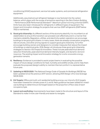 69
CAGBC | Zero Carbon Building – Design Standard Version 4 | June 2024
13
APPENDIX
III
< Back to 12 APPENDIX II Go to 14 APPENDIX IV >
conditioning (HVAC) equipment, service hot water systems, and commercial refrigeration
equipment.
Additionally, assumed annual refrigerant leakage is now factored into the carbon
balance, which aligns with the scope of emissions reporting in the Zero Carbon Building
– Performance (ZCB-Performance) Standard™. Maximum global warming potential (GWP)
limits have also been introduced for refrigerants in di˝erent types of equipment. The
Impact and Innovation strategy for projects that use low-GWP refrigerants (GWP below
750) is maintained.
5. Good grid citizenship: As di˝erent sectors of the economy electrify, it is incumbent on all
stakeholders to ensure this transition can proceed cost-e˝ectively and in a manner that
maintains reliability. Regulators, utilities, and electricity system operators can encourage
buildings to be good grid citizens. In many cases, there are already conservation programs,
rate structures, and other pricing signals to support good grid citizenship. To further
encourage building owners and designers to consider measures that reduce the impact
of buildings on electrical grids, ZCB-Design v4 introduces three good grid citizenship
strategies to Section 10.0 Impact & Innovation. These include peak electrical demand
reduction thresholds, peak electrical demand intensity targets, and dynamic demand
response. The existing Impact and Innovation strategy for onsite renewable energy
generation remains.
6. Resiliency: Guidance is provided to assist project teams in evaluating the possible
impact of future design conditions for heat, humidity and wildÿre smoke, and to help them
evaluate the proposed design’s ability to maintain thermal comfort in a representative
future year.
7. Updating to NECB 2020: The National Energy Code of Canada for Buildings (NECB) has
been updated since the previous 2017 version, allowing ZCB-Design v4 to now leverage
NECB 2020.
8. EUI Targets: O˛ce and multi-unit residential building energy use intensity (EUI) targets
have been lowered for climate zones 4, 5, and 6. New guidance has been added for mixed-
use buildings to determine an EUI target based on the proportion of °oor area of each
occupancy type.
9. Layout and wayÿnding: Improvements have been made to the structure and layout of the
Standard to make it more user-friendly and easier to navigate.
 