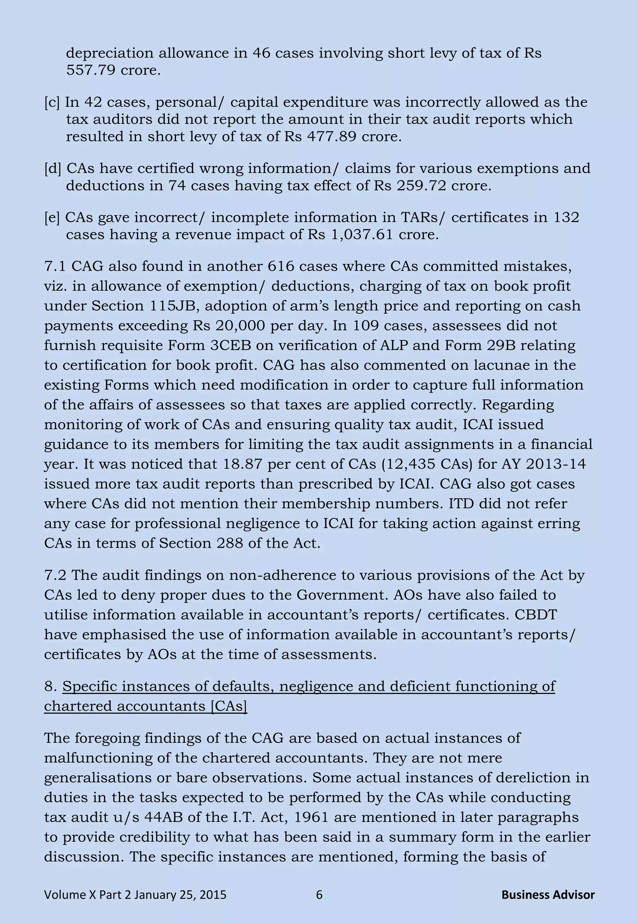 Volume X Part 2 January 25, 2015 6 Business Advisor
depreciation allowance in 46 cases involving short levy of tax of Rs
557.79 crore.
[c] In 42 cases, personal/ capital expenditure was incorrectly allowed as the
tax auditors did not report the amount in their tax audit reports which
resulted in short levy of tax of Rs 477.89 crore.
[d] CAs have certified wrong information/ claims for various exemptions and
deductions in 74 cases having tax effect of Rs 259.72 crore.
[e] CAs gave incorrect/ incomplete information in TARs/ certificates in 132
cases having a revenue impact of Rs 1,037.61 crore.
7.1 CAG also found in another 616 cases where CAs committed mistakes,
viz. in allowance of exemption/ deductions, charging of tax on book profit
under Section 115JB, adoption of arm‘s length price and reporting on cash
payments exceeding Rs 20,000 per day. In 109 cases, assessees did not
furnish requisite Form 3CEB on verification of ALP and Form 29B relating
to certification for book profit. CAG has also commented on lacunae in the
existing Forms which need modification in order to capture full information
of the affairs of assessees so that taxes are applied correctly. Regarding
monitoring of work of CAs and ensuring quality tax audit, ICAI issued
guidance to its members for limiting the tax audit assignments in a financial
year. It was noticed that 18.87 per cent of CAs (12,435 CAs) for AY 2013-14
issued more tax audit reports than prescribed by ICAI. CAG also got cases
where CAs did not mention their membership numbers. ITD did not refer
any case for professional negligence to ICAI for taking action against erring
CAs in terms of Section 288 of the Act.
7.2 The audit findings on non-adherence to various provisions of the Act by
CAs led to deny proper dues to the Government. AOs have also failed to
utilise information available in accountant‘s reports/ certificates. CBDT
have emphasised the use of information available in accountant‘s reports/
certificates by AOs at the time of assessments.
8. Specific instances of defaults, negligence and deficient functioning of
chartered accountants [CAs]
The foregoing findings of the CAG are based on actual instances of
malfunctioning of the chartered accountants. They are not mere
generalisations or bare observations. Some actual instances of dereliction in
duties in the tasks expected to be performed by the CAs while conducting
tax audit u/s 44AB of the I.T. Act, 1961 are mentioned in later paragraphs
to provide credibility to what has been said in a summary form in the earlier
discussion. The specific instances are mentioned, forming the basis of
 