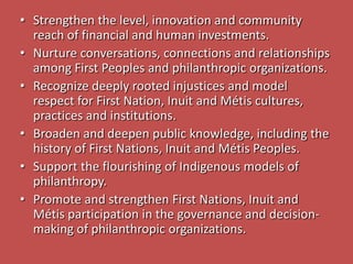 Strengthen the level, innovation and community reach of financial and human investments.  Nurture conversations, connections and relationships among First Peoples and philanthropic organizations. Recognize deeply rooted injustices and model respect for First Nation, Inuit and Métis cultures, practices and institutions.  Broaden and deepen public knowledge, including the history of First Nations, Inuit and Métis Peoples.   Support the flourishing of Indigenous models of philanthropy. Promote and strengthen First Nations, Inuit and Métis participation in the governance and decision-making of philanthropic organizations.