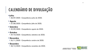 CALENDÁRIO DE DIVULGAÇÃO
▪Julho
▪ 28/07/2020 - Competência: junho de 2020.
▪ Agosto
▪ 27/08/2020 - Competência: julho de 2020.
▪ Setembro
▪ 29/09/2020 - Competência: agosto de 2020.
▪ Outubro
▪ 29/10/2020 - Competência: setembro de 2020.
▪ Novembro
▪ 26/11/2020 - Competência: outubro de 2020.
▪ Dezembro
▪ 28/12/2020 - Competência: novembro de 2020.
37
 