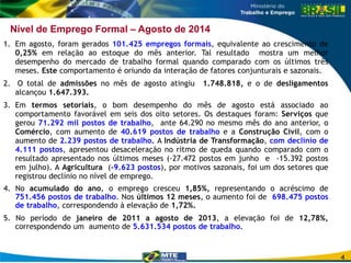 4 
Nível de Emprego Formal – Agosto de 2014 
1. Em agosto, foram gerados 101.425 empregos formais, equivalente ao crescimento de 
0,25% em relação ao estoque do mês anterior. Tal resultado mostra um melhor 
desempenho do mercado de trabalho formal quando comparado com os últimos três 
meses. Este comportamento é oriundo da interação de fatores conjunturais e sazonais. 
2. O total de admissões no mês de agosto atingiu 1.748.818, e o de desligamentos 
alcançou 1.647.393. 
3. Em termos setoriais, o bom desempenho do mês de agosto está associado ao 
comportamento favorável em seis dos oito setores. Os destaques foram: Serviços que 
gerou 71.292 mil postos de trabalho, ante 64.290 no mesmo mês do ano anterior, o 
Comércio, com aumento de 40.619 postos de trabalho e a Construção Civil, com o 
aumento de 2.239 postos de trabalho. A Indústria de Transformação, com declínio de 
4.111 postos, apresentou desaceleração no ritmo de queda quando comparado com o 
resultado apresentado nos últimos meses (-27.472 postos em junho e -15.392 postos 
em julho). A Agricultura (-9.623 postos), por motivos sazonais, foi um dos setores que 
registrou declínio no nível de emprego. 
4. No acumulado do ano, o emprego cresceu 1,85%, representando o acréscimo de 
751.456 postos de trabalho. Nos últimos 12 meses, o aumento foi de 698.475 postos 
de trabalho, correspondendo à elevação de 1,72%. 
5. No período de janeiro de 2011 a agosto de 2013, a elevação foi de 12,78%, 
correspondendo um aumento de 5.631.534 postos de trabalho. 
 