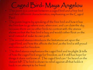 Caged Bird- Maya Angelou
• This poem is a contrast between a caged bird and a free bird
  and their different characteristics, emphasizing on the Caged
  Bird.
• The poem begins by speaking of the free bird and how it has
  the freedom to go where ever, when ever, and can claim the sky
  because there are no other birds to contest with. the stanza
  shows us that the free bird is lazy and would rather float on the
  wind instead of make its own path.
• The second stanza introduces the limitations set upon the
  caged bird, and how this affects the bird ,as the bird is still proud
  and cries out for freedom.
• The third stanza emphasizes the caged bird and its plight. It tells
  of how the caged bird sings for freedom, as if it still has hope for
  things it does not know of. The caged bird can “ be heard on the
  distant hill”.The bird is shown to rebel against all that holds it
  back in an attempt to be freed.
 