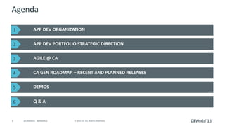 4 © 2015 CA. ALL RIGHTS RESERVED.@CAWORLD #CAWORLD
Agenda
APP DEV ORGANIZATION
APP DEV PORTFOLIO STRATEGIC DIRECTION
Q & A
AGILE @ CA
CA GEN ROADMAP – RECENT AND PLANNED RELEASES
DEMOS
1
2
3
4
5
6
 