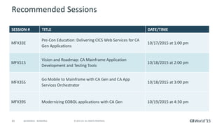 65 © 2015 CA. ALL RIGHTS RESERVED.@CAWORLD #CAWORLD
Recommended Sessions
SESSION # TITLE DATE/TIME
MFX33E
Pre-Con Education: Delivering CICS Web Services for CA
Gen Applications
10/17/2015 at 1:00 pm
MFX51S
Vision and Roadmap: CA Mainframe Application
Development and Testing Tools
10/18/2015 at 2:00 pm
MFX35S
Go Mobile to Mainframe with CA Gen and CA App
Services Orchestrator
10/18/2015 at 3:00 pm
MFX39S Modernizing COBOL applications with CA Gen 10/19/2015 at 4:30 pm
 