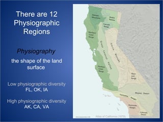 There are 12
Physiographic
Regions
Physiography
the shape of the land
surface
Low physiographic diversity
FL, OK, IA
High physiographic diversity
AK, CA, VA
Atlas of California (1979)

 