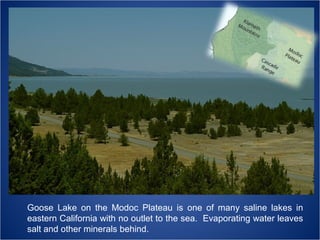 Goose Lake on the Modoc Plateau is one of many saline lakes in
eastern California with no outlet to the sea. Evaporating water leaves
salt and other minerals behind.

 