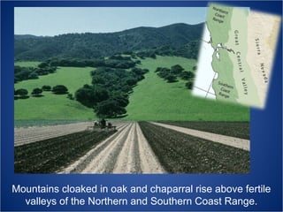 Mountains cloaked in oak and chaparral rise above fertile
valleys of the Northern and Southern Coast Range.

 