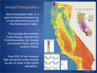 Annual Precipitation
Most precipitation falls in a
giant horseshoe-shaped ring
of mountains that surround
the Sacramento Valley.
This includes the northern
Coast Range, Klamath and
Trinity Mountains, Mt. Shasta
and Lassen Peak, and the
northern Sierra.
Over 90% of the moisture
falls during the winter months
as rain or snow in the higher
elevations.
PRISM © 2010

 