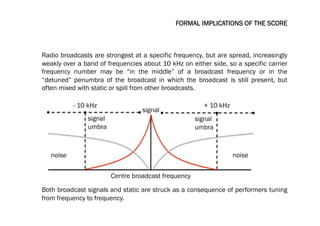 FORMAL IMPLICATIONS OF THE SCORE
Radio broadcasts are strongest at a specific frequency, but are spread, increasingly
weakly over a band of frequencies about 10 kHz on either side, so a specific carrier
frequency number may be “in the middle” of a broadcast frequency or in the
“detuned” penumbra of the broadcast in which the broadcast is still present, but
often mixed with static or spill from other broadcasts.
Centre broadcast frequency
signal
noise noise
signal
umbra
signal
umbra
- 10 kHz 	
   + 10 kHz 	
  
Both broadcast signals and static are struck as a consequence of performers tuning
from frequency to frequency.
 