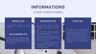 INFORMATIONS
COMPLEMENTAIRES
MODALITE INSCRIPTION PHOTOS
Des photos sont prises au cours des sessions
de formation ou d’information afin
d’alimenter nos supports de communication
et promouvoir notre activité. En aucun cas
bien sûr, elles ne sont utilisées dans un autre
contexte. Conformément aux dispositions
relatives au droit à l’image, il est bien sûr
possible de nous demander la non
publication des images vous concernant, il
convient alors de nous le signaler en début
de séance.
Pour vous inscrire, retournez le bulletin
d’inscription à votre organisme de gestion,
accompagné d'un chèque par formation
payante.
Pour les formations gratuites, vous pouvez
vous inscrire par email. ou par téléphone
auprès de votre organisme.
Inscrivez-vous dès que possible. Le nombre
de participants peut être limité pour
certaines séances, les inscriptions seront
prises dans l’ordre d’arrivée.
En cas d’absence, non excusée, 48
heures avant la formation le chèque restera
acquis (sauf cas de force majeure).
Les organismes se réservent la possibilité
d’annuler les séances.
Nos formations s'adressent aux chefs
d’entreprise, à leur conjoint et à leurs
salariés.
ACCESSIBILITE
Attention : si une personne atteinte d’handicap
s’inscrit à une formation, merci de nous l’indiquer
sur le bulletin d’inscription en cochant la case
prévue à cet effet : la formation aura lieu dans des
locaux accessibles !
 