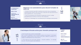 FEVRIER
Dépassez vos automatismes pour devenir le leader de
votre vie
21
lundi
> Prendre conscience que dès la naissance nous avons reçu un programme
automatisé pour assurer notre survie qui n’a pas pour but notre bien-être et
notre qualité de vie : c’est le primate.
> Faire la connaissance de l’automate et apprendre à éviter ce piège
phylogénétique de manière à renforcer notre diplomate.
> Découvrir et développer les cinq dimensions de l’intelligence émotionnelle.
A CHARLEVILLE
CAGESTION
9h00 à 17h30
Animée par
ANNE-SOPHIE DE
COSTER
39€ TTC
(repas compris)
3 techniques d’écoute active pour résoudre presque tout
15
mardi
A REIMS
OMGA+
8h30 à 16h30
Animée par
Catherine BERBACHI
39€ TTC
(repas compris)
> Savoir écouter est un atout incontestable.
Pour y arriver réellement, cette formation propose de pratiquer 3 techniques
permettant l’amplification de son écoute ainsi que la capacité à décoder et à
intégrer les demandes de ses interlocuteurs.
> Trois outils qui ont fait leurs preuves : L’écoute prudente ; Le message
d’accueil ; Écoute et gestion des doléances.
Formation limitée à 12 personnes
MARS
Formation limitée à 10 personnes
 
