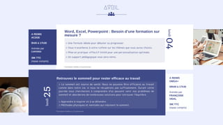 AVRIL
04
lundi
> Une formule idéale pour débuter ou progresser.
> Vous travaillerez à votre rythme sur les thèmes que vous aurez choisis.
> Mise en pratique: effectif limité pour une personnalisation optimale.
> Un support pédagogique vous sera remis.
A REIMS
AC2GE
9h00 à 17h30
Animée par
CAPORDI
39€ TTC
(repas compris)
Formation limitée à 6 personnes
Word, Excel, Powerpoint : Besoin d’une formation sur
mesure ?
Retrouvez le sommeil pour rester efficace au travail
25
lundi
A REIMS
OMGA+
09h00 à 17h30
Animée par
FRANÇOISE
VIDAL
39€ TTC
(repas compris)
> Le sommeil est source de santé. Nous ne pouvons être efficaces au travail
comme dans notre vie, si nous ne récupérons pas suffisamment. Durant cette
journée nous chercherons à comprendre d’où peuvent venir nos problèmes de
sommeil et aborderons de nombreuses solutions pour retrouver l’équilibre.
> Apprendre à respirer et à se détendre.
> Méthodes physiques et mentales qui induisent le sommeil.
Formation limitée à 12 personnes
 