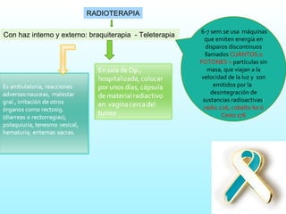 Con haz interno y externo: braquiterapia  - Teleterapia  RADIOTERAPIA 6-7 sem.se usa  máquinas que emiten energía en disparos discontinuos llamados  CUANTOS o FOTONES =  partículas sin masa, que viajan a la velocidad de la luz y  son emitidos por la  desintegración de sustancias radioactivas :  radio 226, cobalto 60 ó Cesio 176 