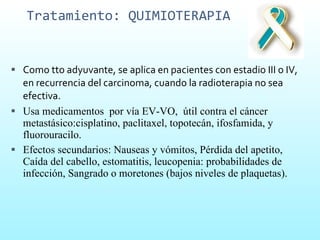 Tratamiento: QUIMIOTERAPIA Como tto adyuvante, se aplica en pacientes con estadio III o IV, en recurrencia del carcinoma, cuando la radioterapia no sea efectiva. Usa medicamentos  por vía EV-VO,  útil contra el cáncer  metastásico:cisplatino, paclitaxel, topotecán, ifosfamida, y fluorouracilo. Efectos secundarios: Nauseas y vómitos, Pérdida del apetito, Caída del cabello, estomatitis, leucopenia: probabilidades de infección, Sangrado o moretones (bajos niveles de plaquetas).  