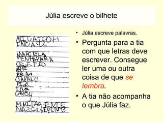 Júlia escreve o bilhete Júlia escreve palavras. Pergunta para a tia com que letras deve escrever. Consegue ler uma ou outra coisa de que  se lembra . A tia não acompanha o que Júlia faz. 