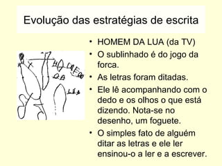 Evolução das estratégias de escrita HOMEM DA LUA (da TV) O sublinhado é do jogo da forca. As letras foram ditadas. Ele lê acompanhando com o dedo e os olhos o que está dizendo. Nota-se no desenho, um foguete. O simples fato de alguém ditar as letras e ele ler ensinou-o a ler e a escrever. 