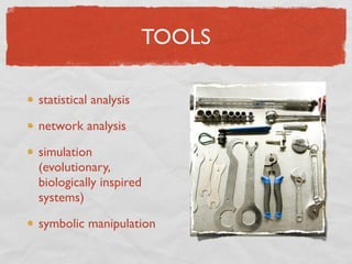 TOOLS

statistical analysis

network analysis

simulation
(evolutionary,
biologically inspired
systems)

symbolic manipulation
 