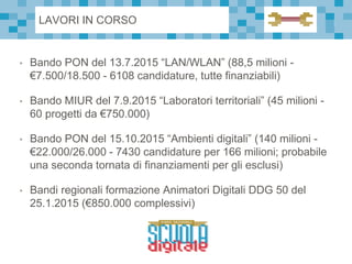 • Bando PON del 13.7.2015 “LAN/WLAN” (88,5 milioni -
€7.500/18.500 - 6108 candidature, tutte finanziabili)
• Bando MIUR del 7.9.2015 “Laboratori territoriali” (45 milioni -
60 progetti da €750.000)
• Bando PON del 15.10.2015 “Ambienti digitali” (140 milioni -
€22.000/26.000 - 7430 candidature per 166 milioni; probabile
una seconda tornata di finanziamenti per gli esclusi)
• Bandi regionali formazione Animatori Digitali DDG 50 del
25.1.2015 (€850.000 complessivi)
LAVORI IN CORSO
 