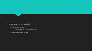  Características del hospital
 El numero camas
 11-193, 194-337, 338-504, 505-1857
 Hospital urbano o rural
 