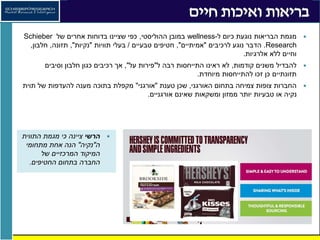 ‫ל‬ ‫כיום‬ ‫נוגעת‬ ‫הבריאות‬ ‫מגמת‬-wellness‫ההוליסטי‬ ‫במובן‬,‫של‬ ‫אחרים‬ ‫בדוחות‬ ‫שציינו‬ ‫כפי‬Schieber
Research.‫לרכיבים‬ ‫נוגע‬ ‫הדבר‬"‫אמיתיים‬",‫טבעיים‬ ‫חטיפים‬/‫תוויות‬ ‫בעלי‬"‫נקיות‬",‫תזונה‬,‫חלבון‬,
‫אלרגיות‬ ‫ללא‬ ‫וחיים‬.
‫קודמות‬ ‫משנים‬ ‫להבדיל‬,‫ל‬ ‫רבה‬ ‫התייחסות‬ ‫ראינו‬ ‫לא‬"‫על‬ ‫פירות‬",‫וסיבים‬ ‫חלבון‬ ‫כגון‬ ‫רכיבים‬ ‫אך‬
‫מיוחדת‬ ‫להתייחסות‬ ‫זכו‬ ‫כן‬ ‫תזונתיים‬.
‫האורגני‬ ‫בתחום‬ ‫צמיחה‬ ‫צופות‬ ‫החברות‬,‫טענת‬ ‫שכן‬"‫אורגני‬"‫של‬ ‫להעדפות‬ ‫מענה‬ ‫בתוכה‬ ‫מקפלת‬‫תוית‬
‫אורגניים‬ ‫שאינם‬ ‫ומשקאות‬ ‫ממזון‬ ‫יותר‬ ‫טבעיות‬ ‫או‬ ‫נקיה‬.
‫הרשי‬‫התווית‬ ‫מגמת‬ ‫כי‬ ‫ציינה‬
‫ה‬"‫נקיה‬"‫מתחומי‬ ‫אחת‬ ‫הנה‬
‫של‬ ‫המרכזיים‬ ‫המיקוד‬
‫החטיפים‬ ‫בתחום‬ ‫החברה‬.
 