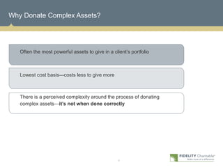 Why Donate Complex Assets?




   Often the most powerful assets to give in a client’s portfolio



   Lowest cost basis—costs less to give more



   There is a perceived complexity around the process of donating
   complex assets—it’s not when done correctly




                                                  4
 