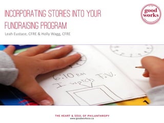 Incorporating Stories Into Your
Fundraising Program
Leah Eustace, CFRE & Holly Wagg, CFRE
 