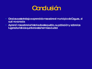 Conclusión Gracias a este trabajo e aprendido mas sobre el municipio de Caguas , el cual no conocía. Aprendí mas sobre la historia de este pueblo, su población y sobre los lugares turísticos que tiene esta hermosa ciudad.  