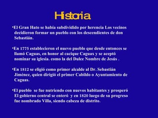 Historia El Gran Hato se había subdividido por herencia Los vecinos  decidieron formar un pueblo con los descendientes de don  Sebastián.  En 1775 establecieron el nuevo pueblo que desde entonces se  llamó Caguas, en honor al cacique Caguax y se aceptó  nominar su iglesia. como la del Dulce Nombre de Jesús . En 1812 se eligió como primer alcalde al Dr. Sebastián  Jiménez, quien dirigió el primer Cabildo o Ayuntamiento de  Caguas. El pueblo  se fue nutriendo con nuevos habitantes y prosperó  El gobierno central se enteró  y en 1820 luego de su progreso  fue nombrado Villa, siendo cabeza de distrito. 