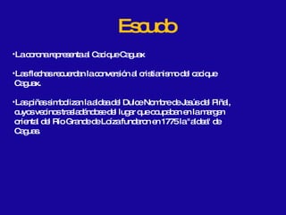 La corona representa al Cacique Caguax Las flechas recuerdan la conversión al cristianismo del cacique  Caguax. Las piñas simbolizan la aldea del Dulce Nombre de Jesús del Piñal,  cuyos vecinos trasladándose del lugar que ocupaban en la margen  oriental del Río Grande de Loíza fundaron en 1775 la "aldea" de  Caguas.  Escudo 