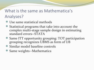 What is the same as Mathematica’s 
Analyses? 
Use same statistical methods 
Statistical programs that take into account the 
complex multi-stage sample design in estimating 
standard errors--STATA 
Same ITT opportunity grouping: TOT participation 
grouping recognizes UBMS as form of UB 
Similar model baseline controls 
Same weights--Mathematica 
 