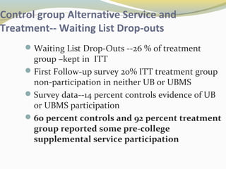 Control group Alternative Service and 
Treatment-- Waiting List Drop-outs 
Waiting List Drop-Outs --26 % of treatment 
group –kept in ITT 
First Follow-up survey 20% ITT treatment group 
non-participation in neither UB or UBMS 
Survey data--14 percent controls evidence of UB 
or UBMS participation 
60 percent controls and 92 percent treatment 
group reported some pre-college 
supplemental service participation 
 