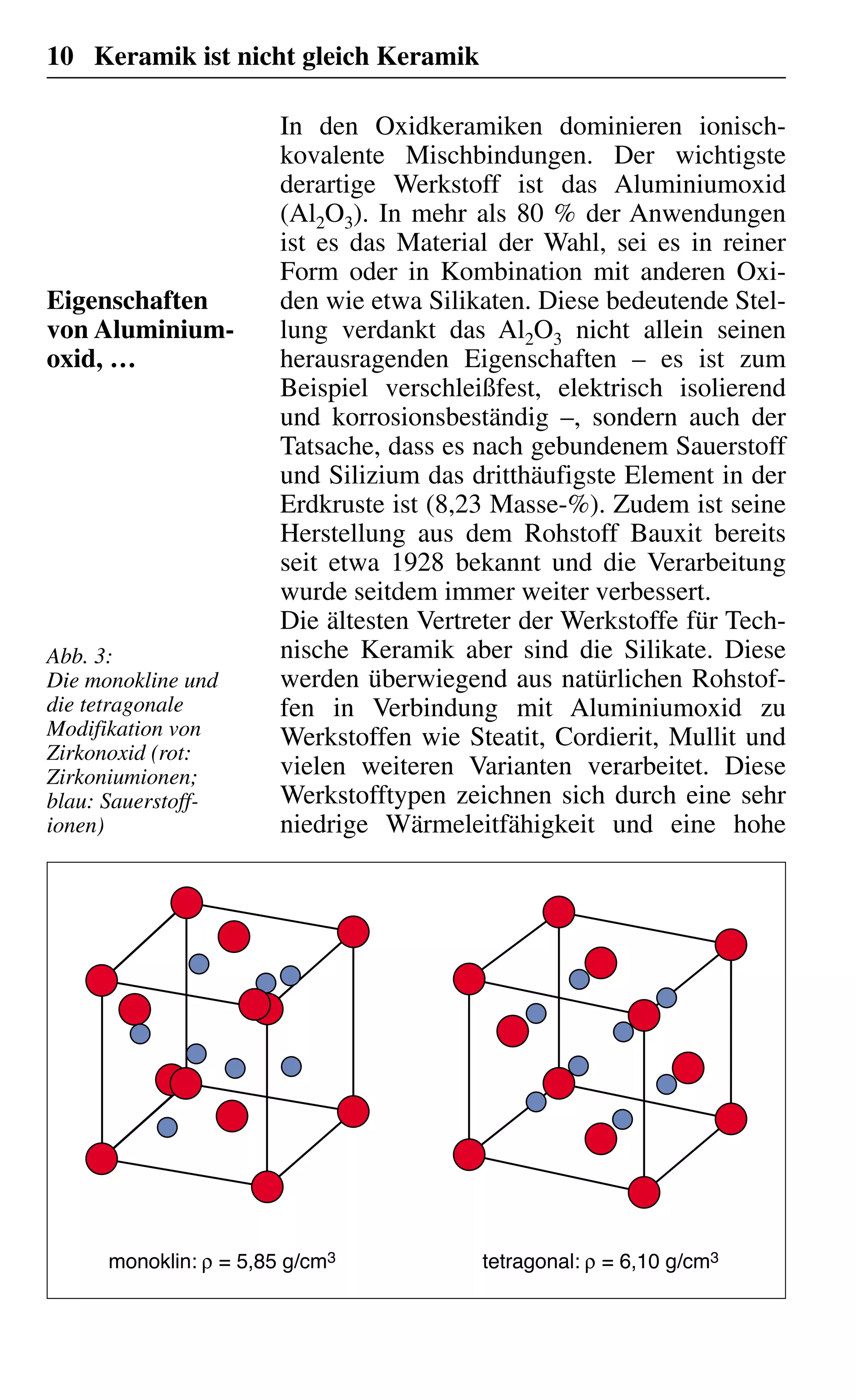 10 Keramik ist nicht gleich Keramik
In den Oxidkeramiken dominieren ionisch-
kovalente Mischbindungen. Der wichtigste
derartige Werkstoff ist das Aluminiumoxid
(Al2O3). In mehr als 80 % der Anwendungen
ist es das Material der Wahl, sei es in reiner
Form oder in Kombination mit anderen Oxi-
den wie etwa Silikaten. Diese bedeutende Stel-
lung verdankt das Al2O3 nicht allein seinen
herausragenden Eigenschaften – es ist zum
Beispiel verschleißfest, elektrisch isolierend
und korrosionsbeständig –, sondern auch der
Tatsache, dass es nach gebundenem Sauerstoff
und Silizium das dritthäufigste Element in der
Erdkruste ist (8,23 Masse-%). Zudem ist seine
Herstellung aus dem Rohstoff Bauxit bereits
seit etwa 1928 bekannt und die Verarbeitung
wurde seitdem immer weiter verbessert.
Die ältesten Vertreter der Werkstoffe für Tech-
nische Keramik aber sind die Silikate. Diese
werden überwiegend aus natürlichen Rohstof-
fen in Verbindung mit Aluminiumoxid zu
Werkstoffen wie Steatit, Cordierit, Mullit und
vielen weiteren Varianten verarbeitet. Diese
Werkstofftypen zeichnen sich durch eine sehr
niedrige Wärmeleitfähigkeit und eine hohe
Eigenschaften
von Aluminium-
oxid, …
monoklin: ρ = 5,85 g/cm3 tetragonal: ρ = 6,10 g/cm3
Abb. 3:
Die monokline und
die tetragonale
Modifikation von
Zirkonoxid (rot:
Zirkoniumionen;
blau: Sauerstoff-
ionen)
 