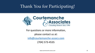 Thank You for Participating!
www.courtemanche-assocs.com 18
For questions or more information,
please contact us at:
info@courtemanche-assocs.com
(704) 573-4535
 