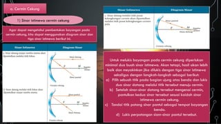 a. Cermin Cekung
1) Sinar istimewa cermin cekung
Agar dapat mengetahui pembentukan bayangan pada
cermin cekung, kita dapat menggunakan diagram sinar dan
tiga sinar istimewa berikut ini.
Untuk melukis bayangan pada cermin cekung diperlukan
minimal dua buah sinar istimewa. Akan tetapi, hasil akan lebih
baik dan meyakinkan jika dilukis dengan tiga sinar istimewa
sekaligus dengan langkah-langkah sebagai berikut:
a) Pilih sebuah titik pada bagian ujung atas benda dan lukis
dua sinar datang melalui titik tersebut menuju cermin.
b) Setelah sinar-sinar datang tersebut mengenai cermin,
pantulkan kedua sinar tersebut sesuai kaidah sinar
istimewa cermin cekung.
c) Tandai titik potong sinar pantul sebagai tempat bayangan
benda.
d) Lukis perpotongan sianr-sinar pantul tersebut.
 