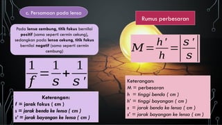 c. Persamaan pada lensa
𝑀=
h′
h
=|𝑠 ′
𝑠 |
Keterangan:
f = jarak fokus ( cm )
s = jarak benda ke lensa ( cm )
s’ = jarak bayangan ke lensa ( cm )
Rumus perbesaran
1
𝑓
=
1
𝑠
+
1
𝑠 ′ Keterangan:
M = perbesaran
h = tinggi benda ( cm )
h’ = tinggi bayangan ( cm )
s = jarak benda ke lensa ( cm )
s’ = jarak bayangan ke lensa ( cm )
Pada lensa cembung, titik fokus bernilai
positif (sama seperti cermin cekung),
sedangkan pada lensa cekung, titik fokus
bernilai negatif (sama seperti cermin
cembung)
 