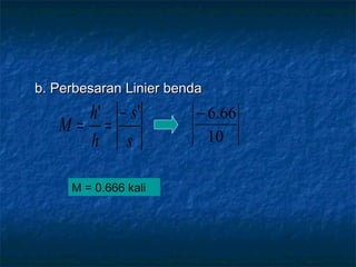 b. Perbesaran Linier bendab. Perbesaran Linier benda
s
s
h
h
M
'' −
==
10
66.6−
M = 0.666 kali
 