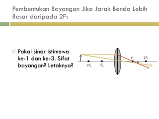 Pembentukan Bayangan Jika Jarak Benda Lebih Besar daripada 2F 2 Pakai sinar istimewa ke-1 dan ke-3. Sifat bayangan? Letaknya? 