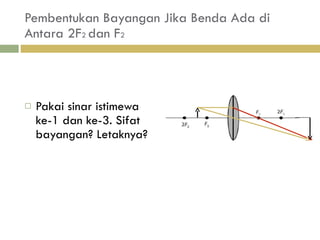 Pembentukan Bayangan Jika Benda Ada di Antara 2F 2  dan F 2 Pakai sinar istimewa ke-1 dan ke-3. Sifat bayangan? Letaknya? 