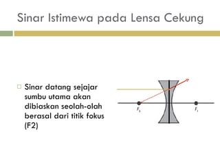 Sinar Istimewa pada Lensa Cekung Sinar datang sejajar sumbu utama akan dibiaskan seolah-olah berasal dari titik fokus (F2) 