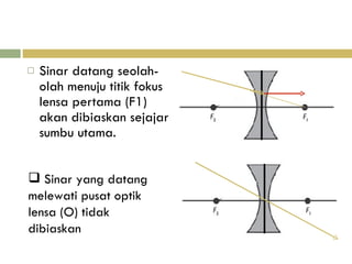 Sinar datang seolah-olah menuju titik fokus lensa pertama (F1) akan dibiaskan sejajar sumbu utama. Sinar yang datang melewati pusat optik lensa (O) tidak dibiaskan  