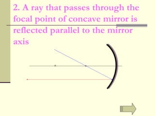 F V 2. A ray that passes through the focal point of concave mirror is reflected parallel to the mirror axis 